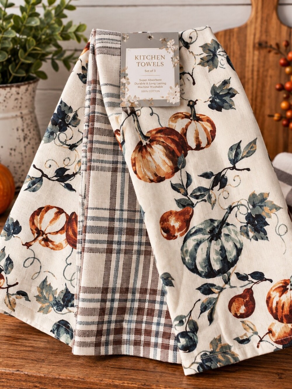 Autumn Pumpkin Cotton Kitchen Towels Set - Cream, Brown & Green